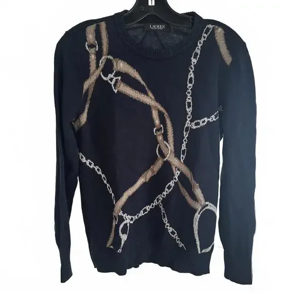 LAUREN Ralph Lauren Women's Navy Knit Sweater with Chain & Belt Design - Medium - Picture 1 of 7